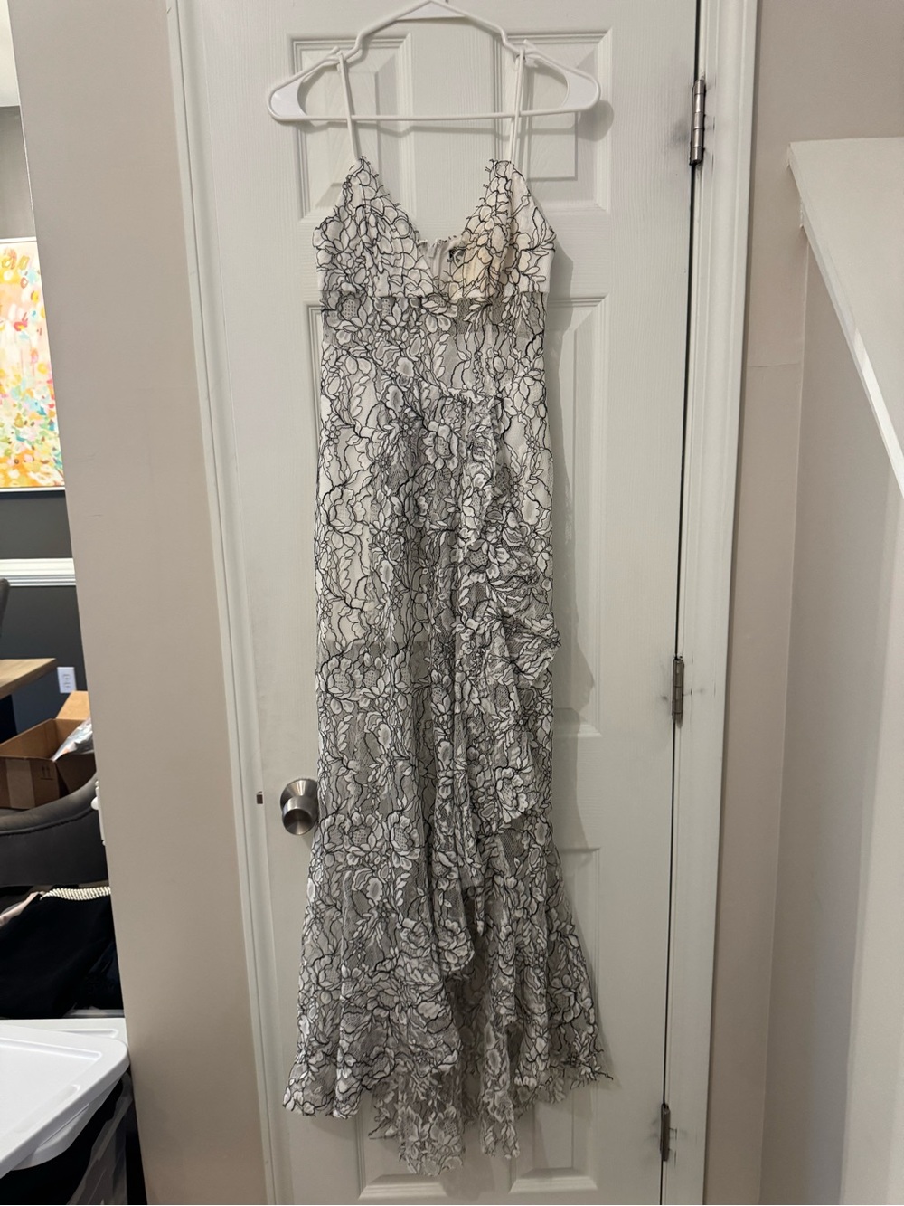Spaghetti Strap Floral Lace Maxi Dress in White and Black